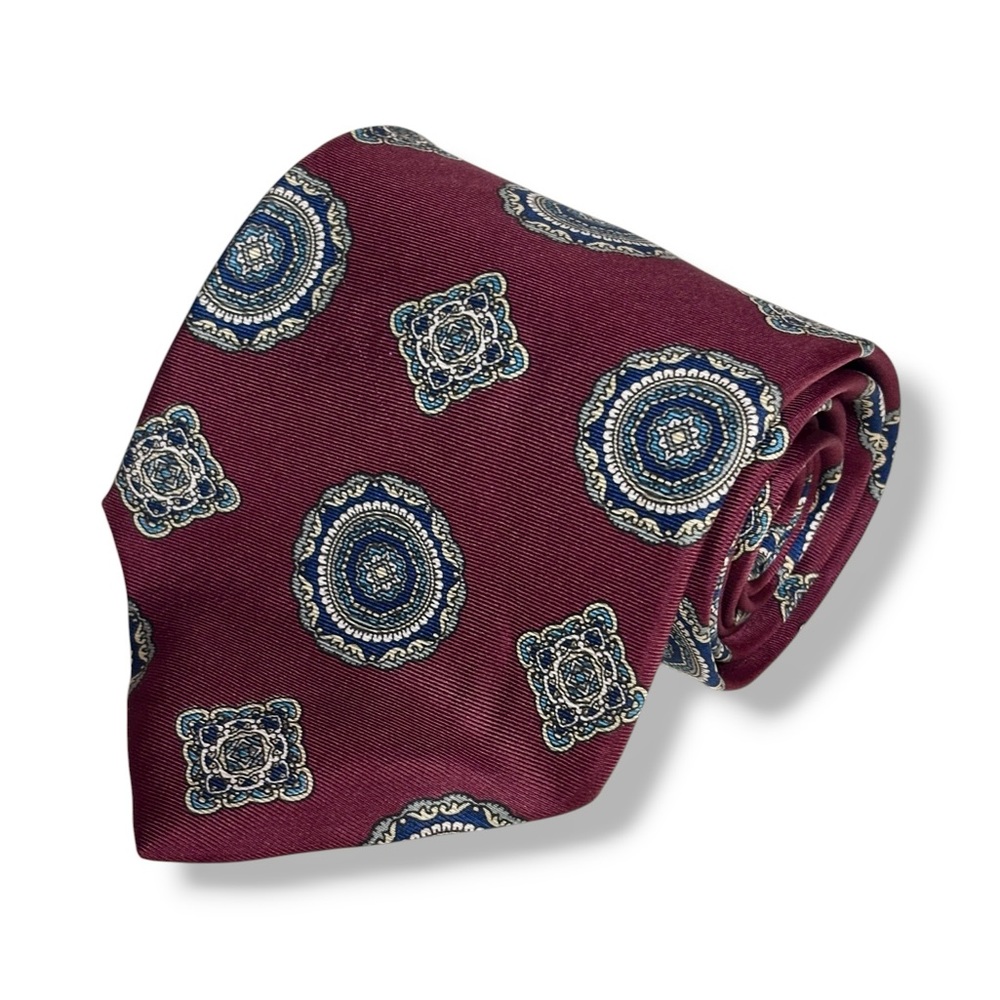 CHRISTIAN DIOR Burgundy Silk Tie Navy & Teal Medallion Print VINTAGE